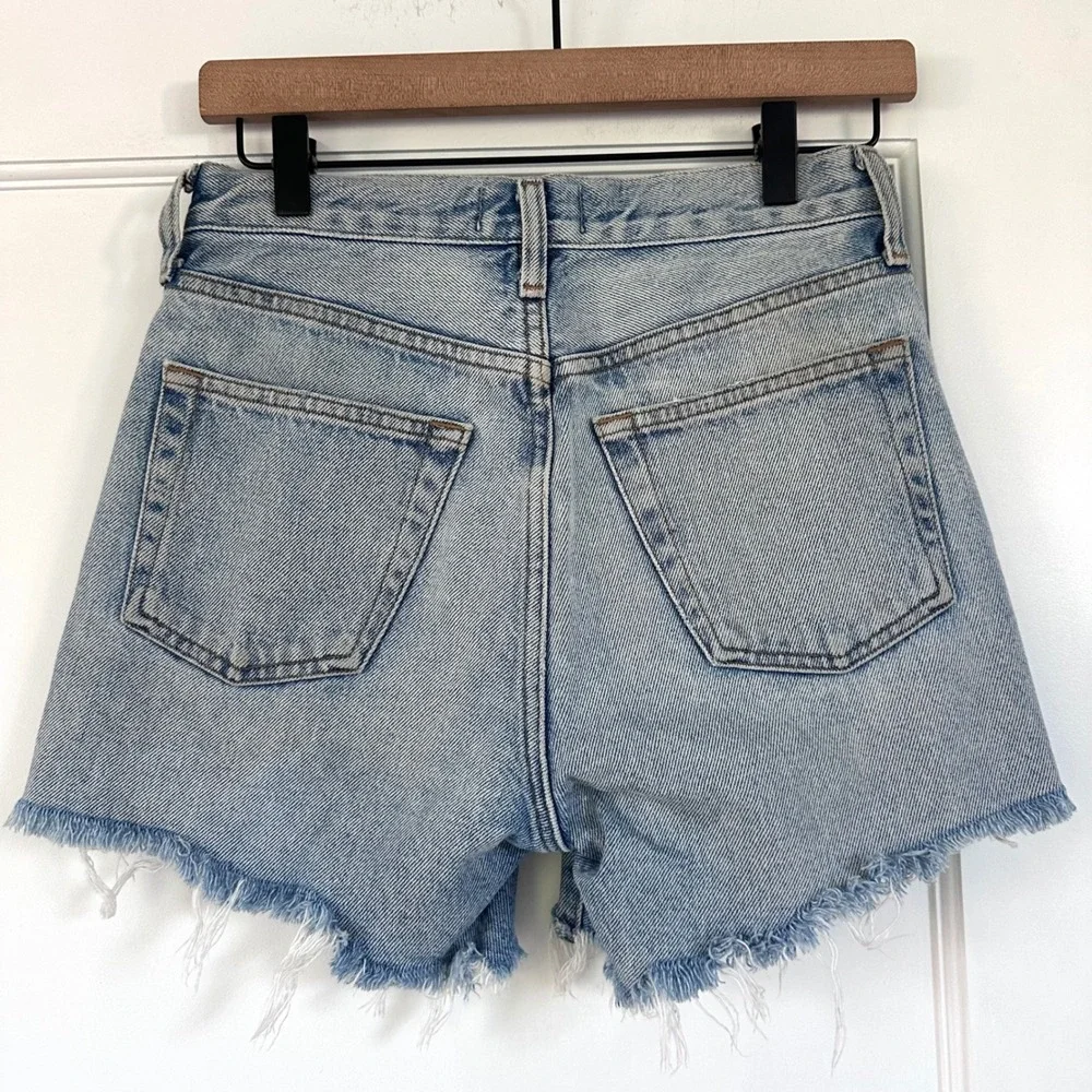 AGOLDE Parker Long High Rise Denim Shorts Skyewave Blue Raw Hem 24
